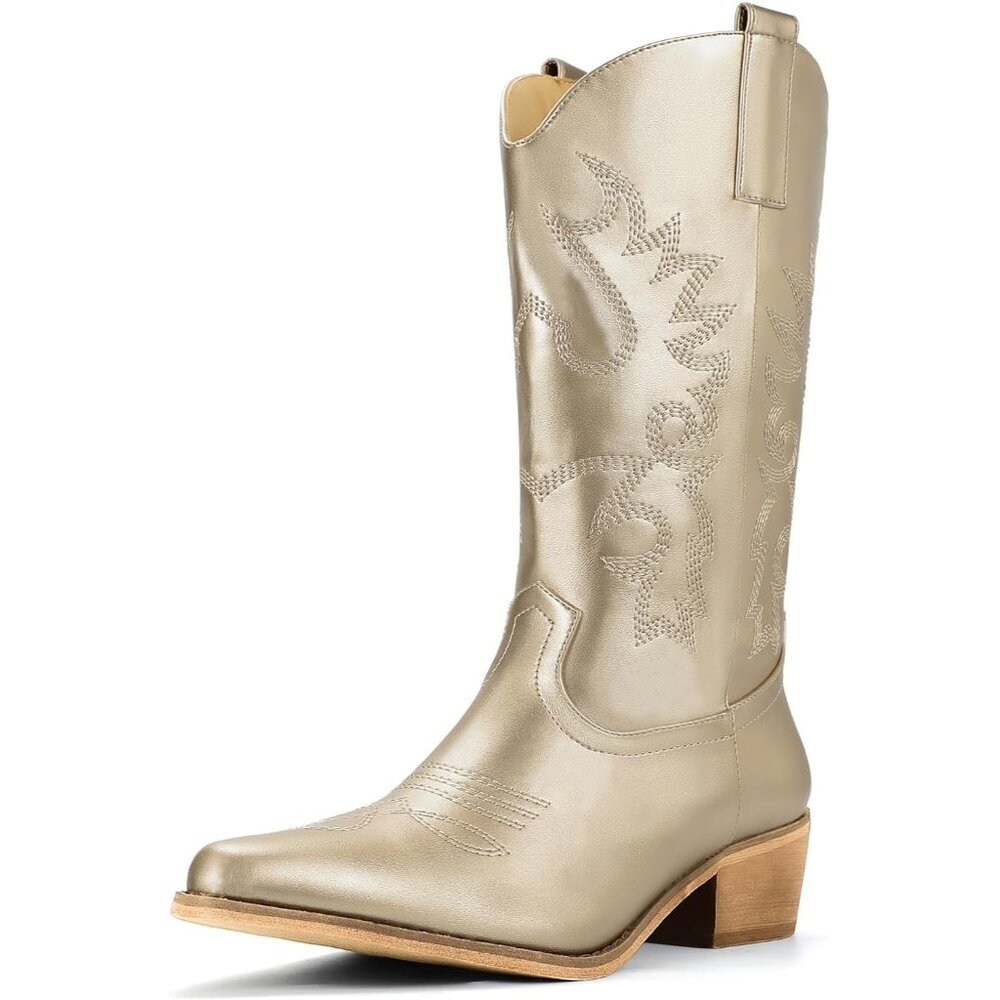 Women's Gold Cowgirl Boots Western Boots Mid Calf Embroidered Chunky Low Heel